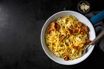 Pasta with mushrooms on pan