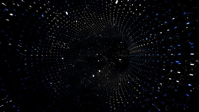 Artistic dotted digital cyberspace tunnel with flying dots.