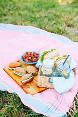 Summer picnic. Basket with food. 