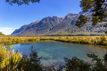 Fototapeta na wymiar view of Lake Gunn in Fiordland National park