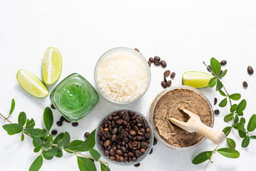 Flat lay overhead of natural cosmetics ingredient for coffee scrubs and masks. Skin care concept. organic homemade cosmetic concept.