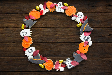 Happy Halloween frame from trick or treat Funny delicious Halloween cookies horizontal view