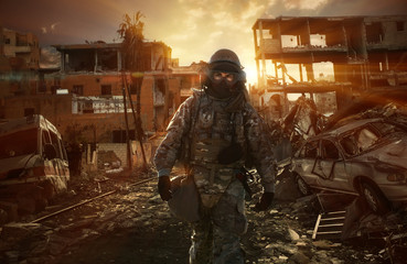 Military helicopter and forces in destroyed city and looking for the enemy