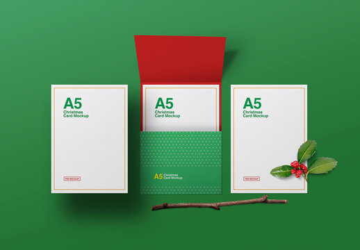 Stationery with Holly and Twig Decorations Mockup