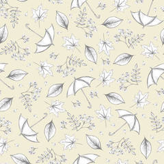  umbrella, autumn leaves and rowan berries, seamless pattern. Hand drawing. Design for fabric, textile, wrapping paper, wallpaper.	