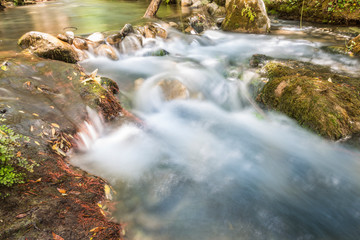 Fototapeta na wymiar Mountain stream of clean and clear waters flowing between rocks.