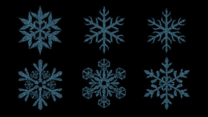 Fototapeta na wymiar Set of beautiful shiny complex Christmas snowflakes made of sparkles in light blue colors