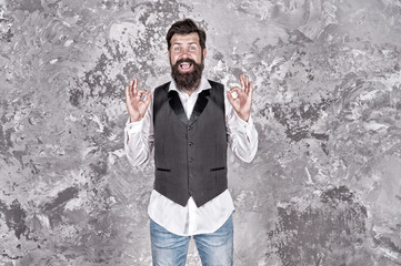 Jewish holiday. Emotional expression. Charming jewish person. Bearded jewish man. Jewish traditions. Purim festival holiday celebration judaism. Guy mature bearded stylish dressed in shirt and vest