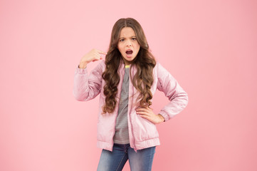 Watch out. Moody girl. Modern fashion for kids. Clothes store. Autumn season collection. Street style outfit. Comfortable outfit for autumn. Trendy outfit. Little kid wear pink bomber jacket