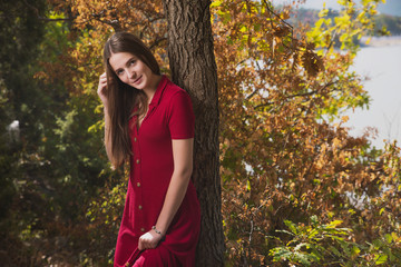 portrait of a young, beautiful brown-haired woman in a red dress on the background of the autumn alley with yellow and red leaves