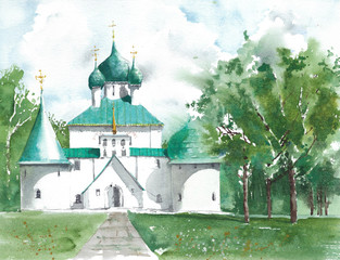 Landscape scenic  Russian orthodox church in the woods landmark watercolor painting - 293243182