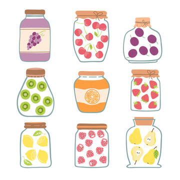 Vector set of preserved fruits in glass jars. Canned fruit illustration. Jam collection.