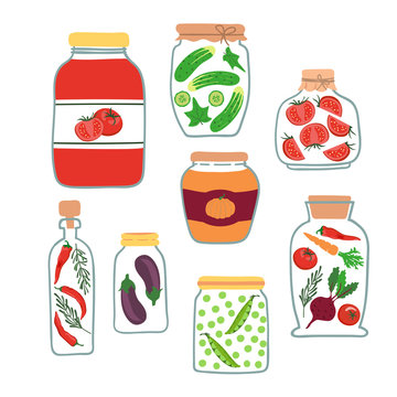 Vector set of pickled vegetables. Preserved vegetables doodle illustration.