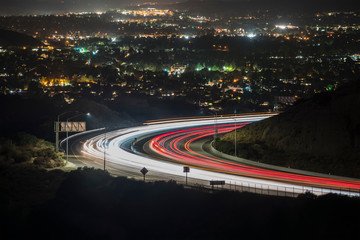 Early morning night view of Los Angeles commuters entering the Santa Susana Pass on the 118 freeway in Simi Valley.  