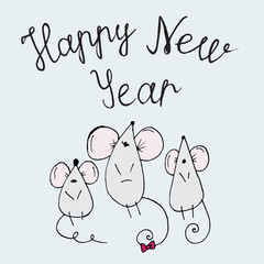 postcard Doodle little mice and lettering merry new year