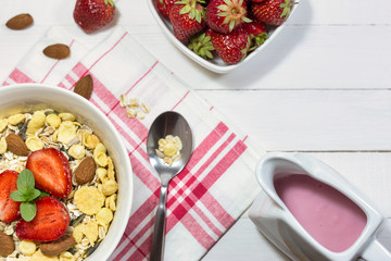 Healthy breakfast on wooden table