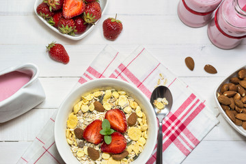 Healthy breakfast on wooden table