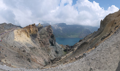 Fototapeta premium Tianchi Heaven lake and crater mountains in Changbaishan National Park China panorama