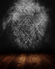 dark interior room with baroque wallpaper