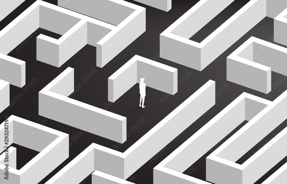 Poster Silhouette of businessman at center of maze. Business concept for problem solving and solution strategy