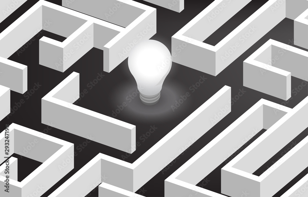 Aufkleber Glowing light bulb at center of maze . Concept for problem solving,solution strategy and idea.