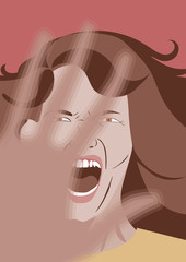 Retrato de una mujer gritando, su mano abierta sugiere que está parando algún hecho en su contra