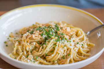 Garlic Noodles: housemade pasta, pecorino, parsley, fried garlic - 293248376