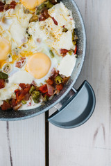 Traditional turkish food menemen made by eggs and tomatoes.