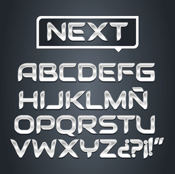 Chrome Alphabet Font. Modern metallic letters and numbers on the dark background.