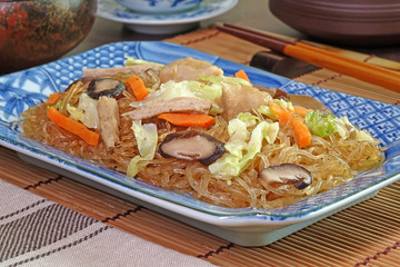 Baked vermicilli with vegetarian abalone. Vegetarian food, Vegetarian festival. Selective focus.