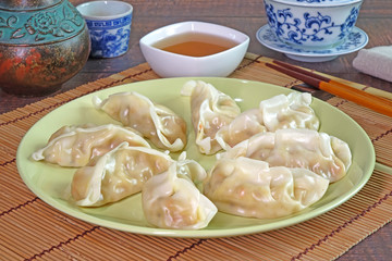 Vegetarian food : Japanese dumpling or Gyoza, Chinese dumpings or Jiaozi. Vegetarian festival food. Selective focus