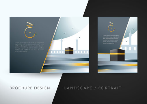 Hajj or Umrah minimal template banner, flyer, brochure, background design. Hajj in modern arabic calligraphic. orientation is landscape and portrait. Split layer of text and background