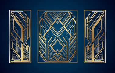 Gold art deco panels on dark blue background