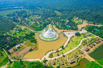 Aerial view of white pagoda at Wat Sangtham wangkaokaew at Wangnamkaew ,Nakornratchasrima,Thailand