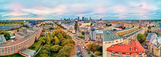 Beautiful panoramic aerial drone view to The Main Building of the Warsaw University of Technology -...