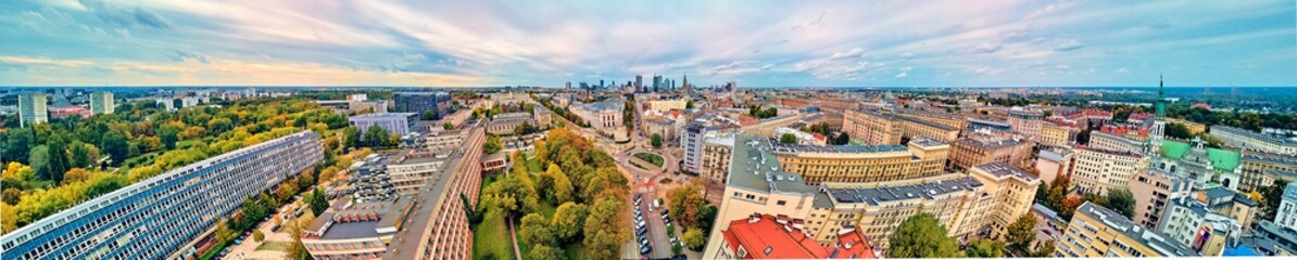 Fototapeta na wymiar Beautiful panoramic aerial drone view to The Main Building of the Warsaw University of Technology - the historic building located on the square of the Warsaw University of Technology
