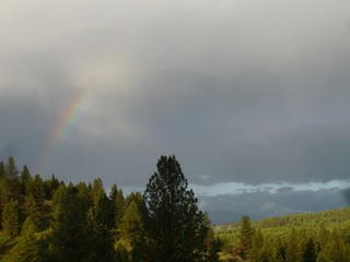 Rainbow fragment with storm clouds over forested valley