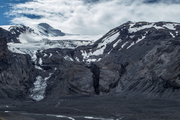 A glacier, mountains, and the rugged landscape of the Icelandic highlands with a bank of white clouds in the background.