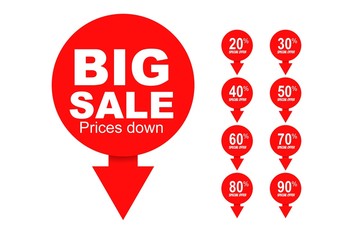 Big Sale tags with Sale up to 20 - 90 percent text on circle tags with arrow down composition.vector design