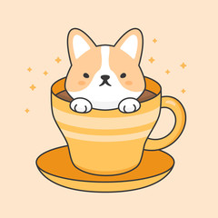 Cute corgi dog in a cup of coffee