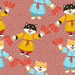 Seamless pattern with shiba inu in a kimono with fans.
