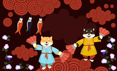 Banner with shiba inu, paper carps and clouds. Place for text.