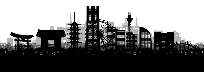 Silhouette panorama view of Yokohama city skyline with world famous landmarks of Japan in paper cut style vector illustration.