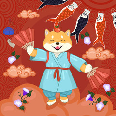 Banner with shiba inu in a blue kimono with fans.