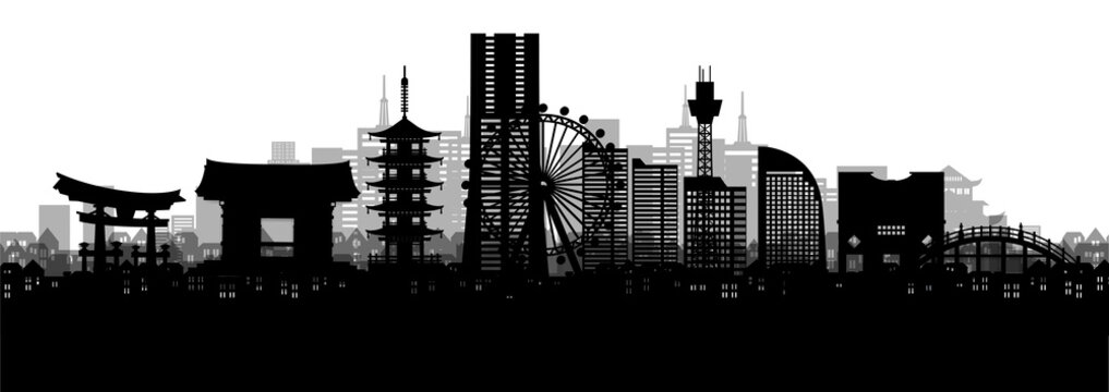 Silhouette panorama view of Yokohama city skyline with world famous landmarks of Japan in paper cut style vector illustration.