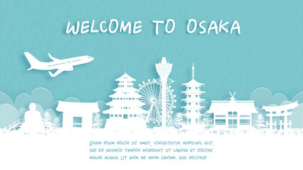 Fototapeta premium Travel poster with Welcome to Osaka, Japan famous landmark in paper cut style vector illustration.