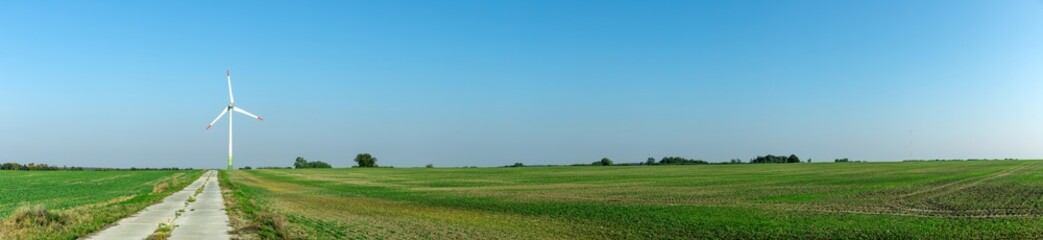 Fototapeta premium wind generators on a green field under a blue sky on a bright sunny day, panorama