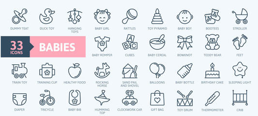 Babies, baby toys, feeding and care elements - thin line web icon set. Outline icons collection. Simple vector illustration. - 293262580
