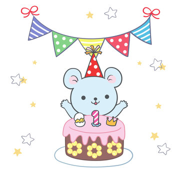 The little mouse is happy to have his birthday, the background has a banner to decorate