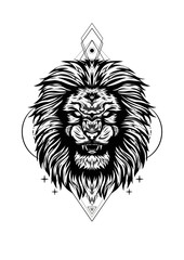 Black and white lion face, vector illustration for t-shirt design